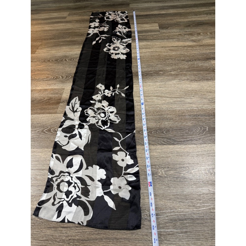 Jones New York 100% Silk Scarf Black White Floral Striped Sheer Oblong Wrap - Picture 4 of 5